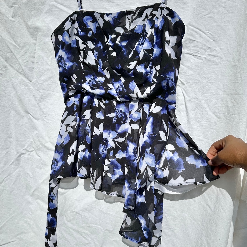 Asymmetrical Chiffon Corset Blue Floral Strap or Strapless Top